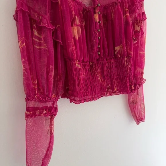 Free People Time For Shine Pink Puff Mesh Smocked long Sleeve Crop Blouse Small - Picture 4 of 7